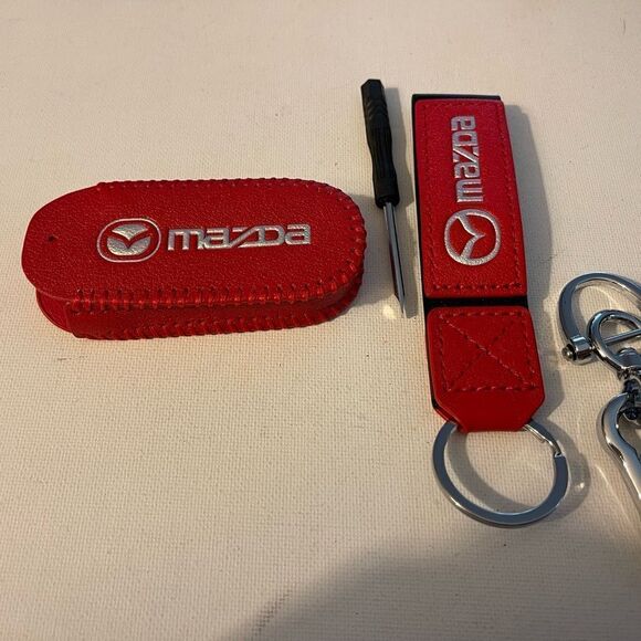 Mazda Key Fob Keychain in Red Leather & Fob Case Cover in Red Leather NWT - Picture 5 of 7